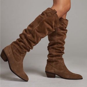 Anthropologie brown high brown suede boots knee high scrunch chocolate size 10